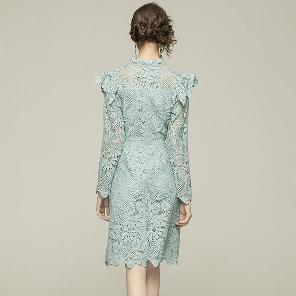Light blue mock neck openwork embroidered lace dresses