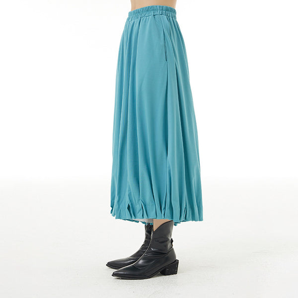 Solid elastic waist shirred loose maxi skirts
