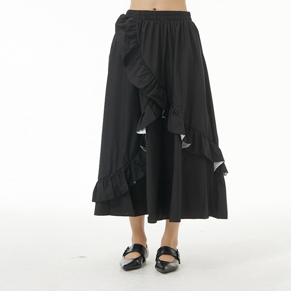 Color hit ruffle elastic waist a-line skirts