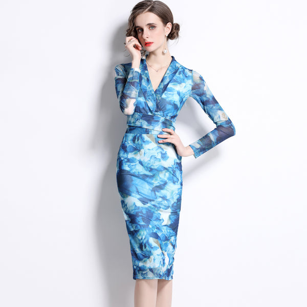 Lapel belted lapel long sleeve printed dresses