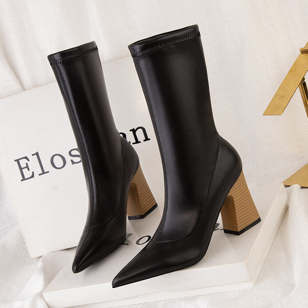 Stylish pointed toe chunky heels boots