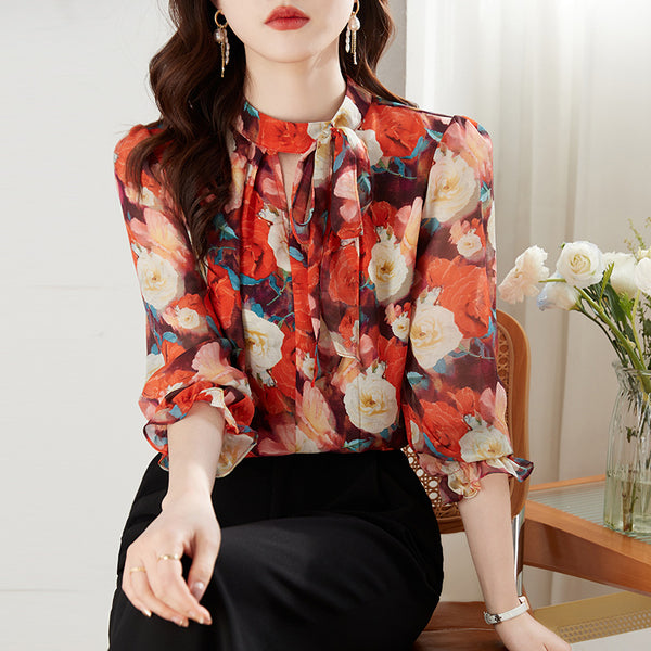 Bowtie neck long sleeve floral blouse