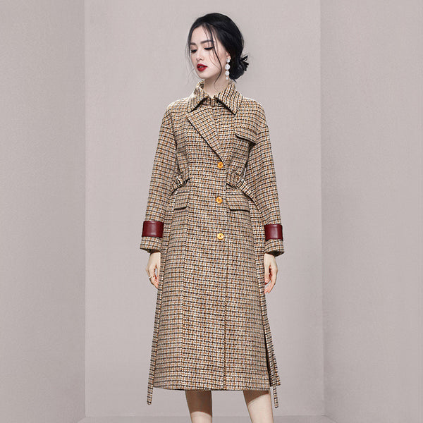 Women's single breasted plaid long wool coat