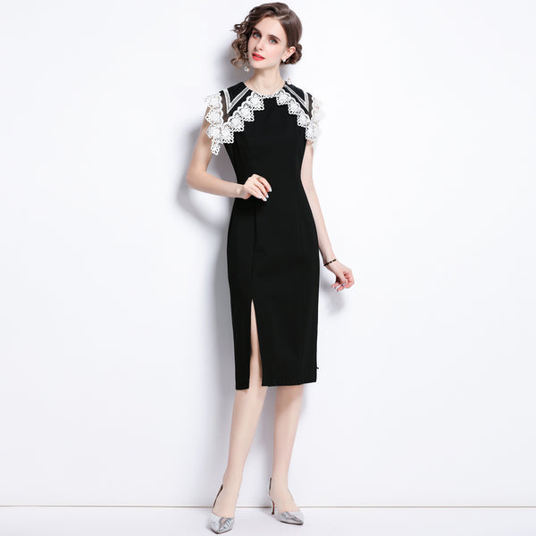 Lace patchwork collar sleeveless sheath dresses