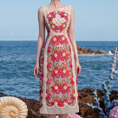 Beach flower sleeveless square neck maxi dresses