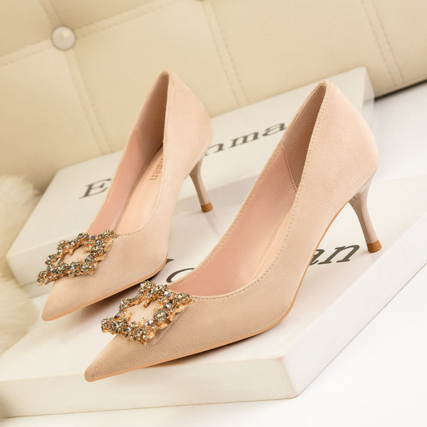 Sweet rhinestone pointed toe thin heels shoes