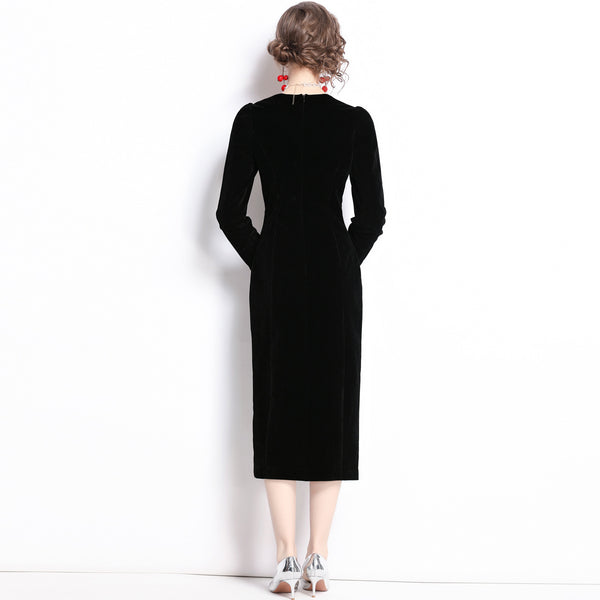 Square neck black split velvet dresses