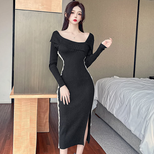 Dreamy long sleeve contrasting knitting pencil dresses