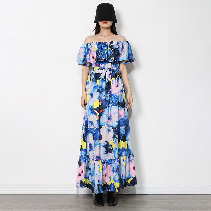 Off-the-shoulder chiffon print maxi dresses
