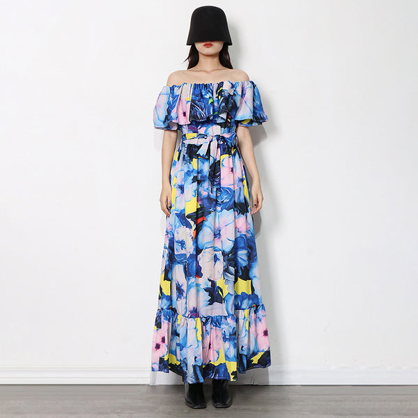 Off-the-shoulder chiffon print maxi dresses