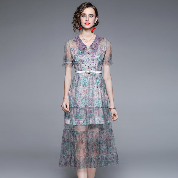 Mesh embroidery v-neck empire waist a-line dresses