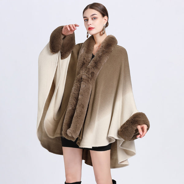 Elegant gradient fur collar shawl cloak coats
