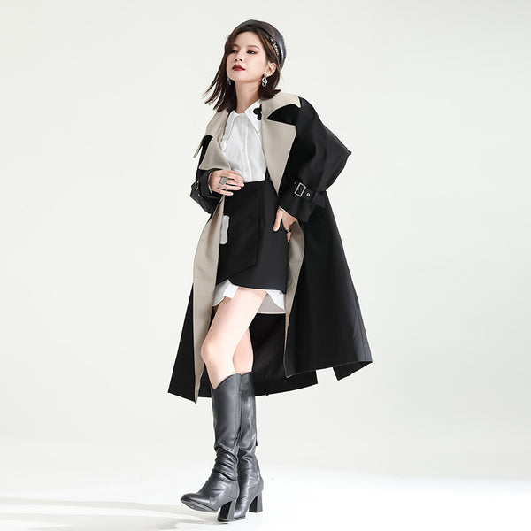 Stylish color hit lapel long sleeve belted trench coats