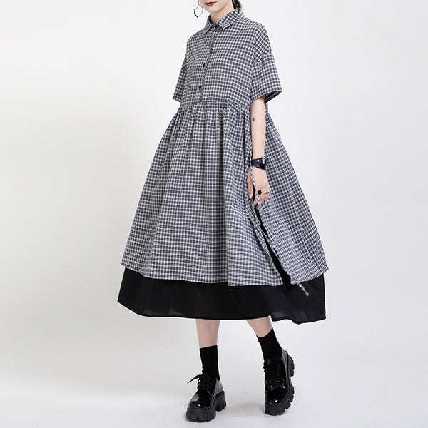 Turn-down collar plaid big hem midi dresses