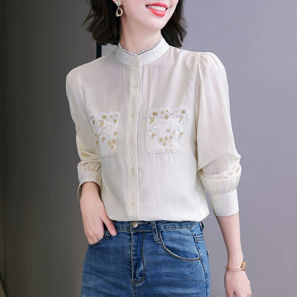Embroidery mock neck long sleeve chiffon blouses