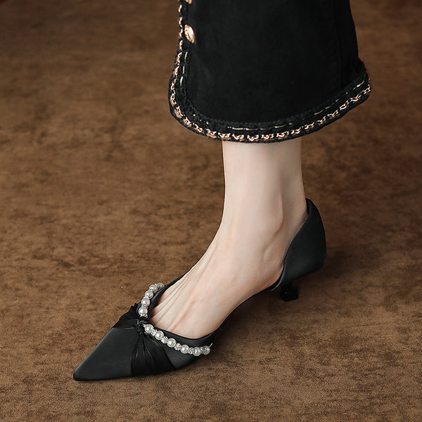 Sexy satin beads pointed toe shoes