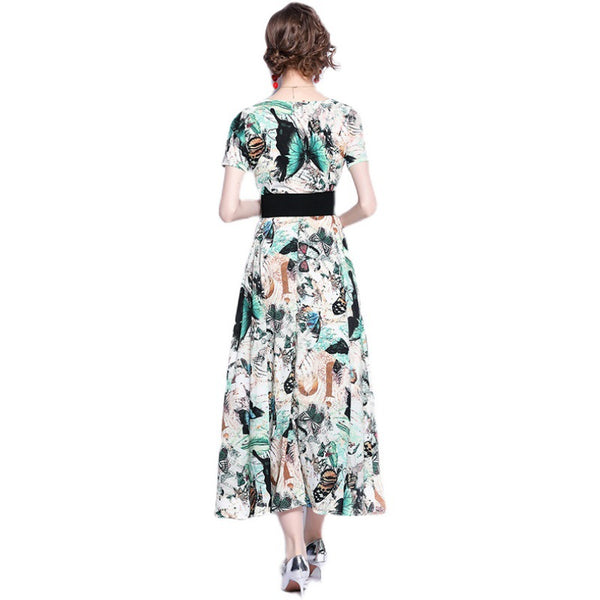 Elegant butterfly print belted maxi dresses