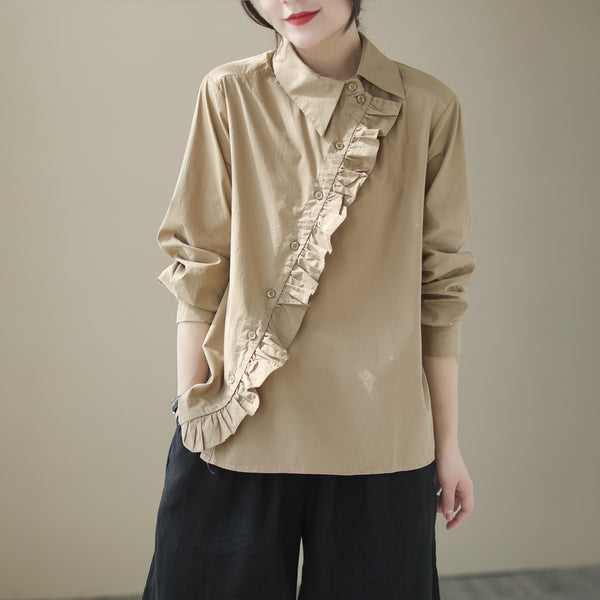 Vintage slanted placket fungus long sleeve blouses