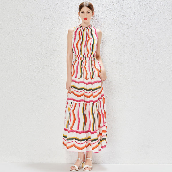 Chic stripe elastic waist sleeveless maxi dresses