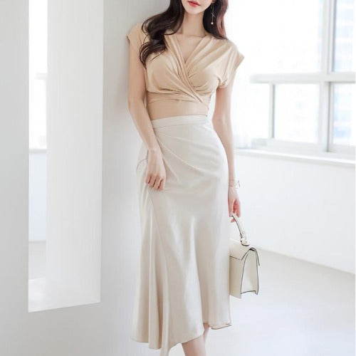 Brief v-neck top irregular sheath skirt suits