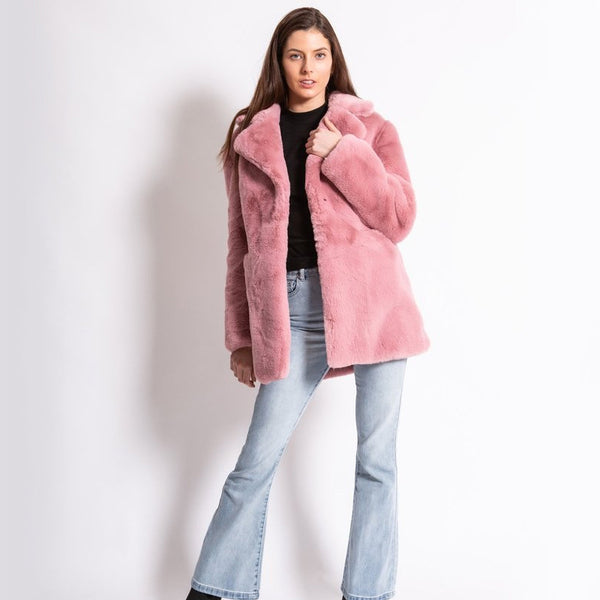 Lapel fashion solid pink fur coats