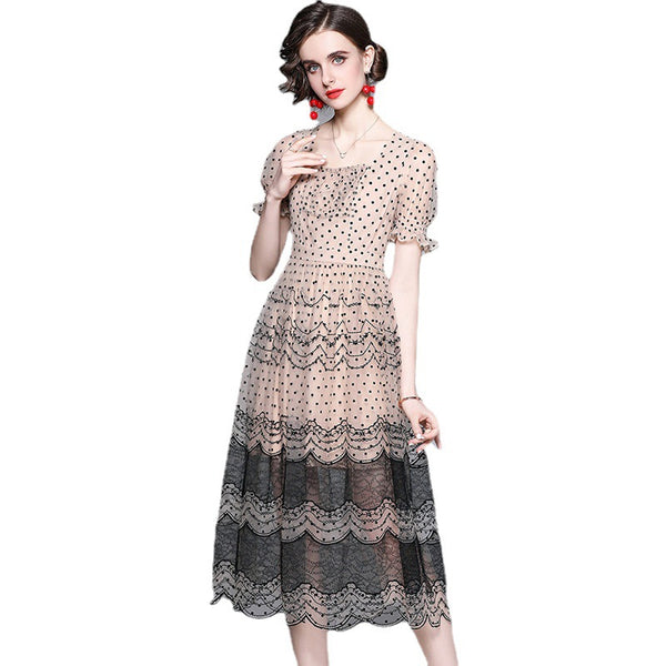 Square neck puff sleeve dot layered lace a-line dresses