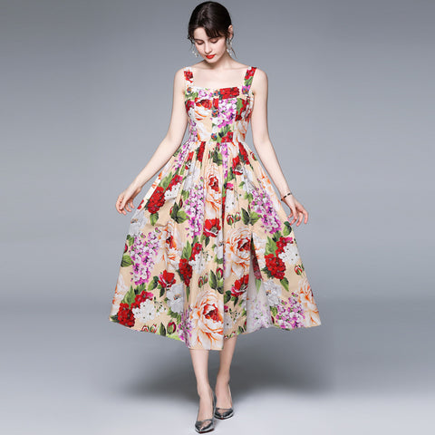 Summer boho sleeveless floral print long maxi dress