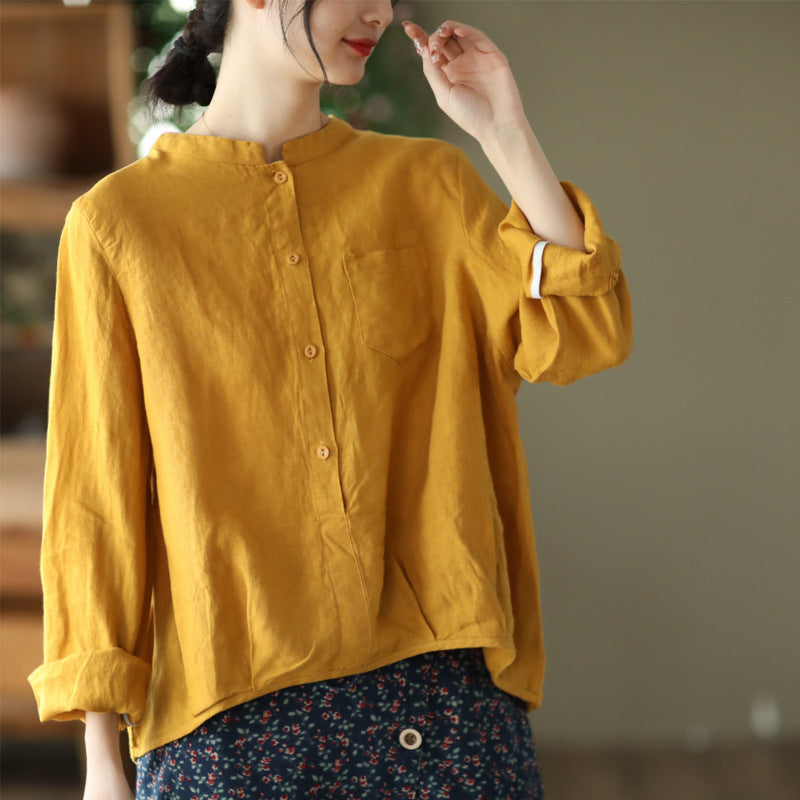 Retro linen mock neck long sleeve blouses