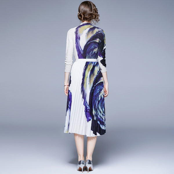 Shirred print long sleeve tops and maxi pleated skirts suits