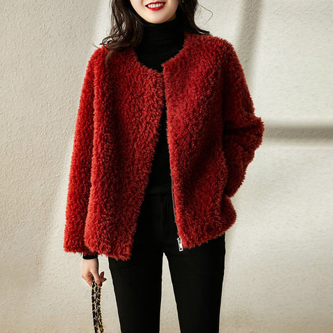 Stylish crew neck long sleeve red coats