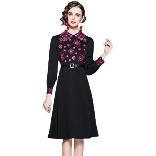 Embroidery lapel long sleeve skater dresses