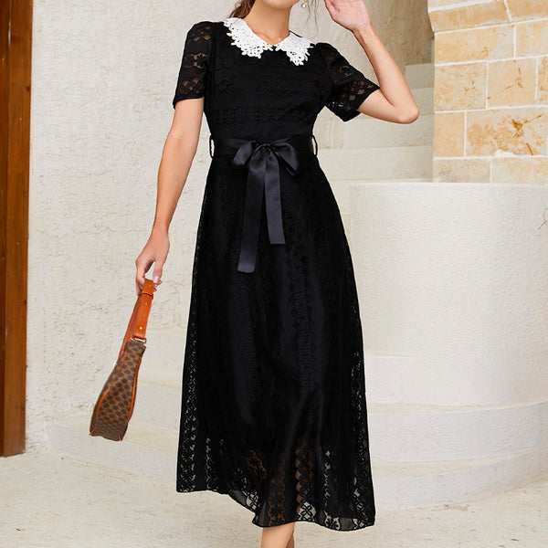 Stylish peter pan collar short sleeve belted a-line dresses
