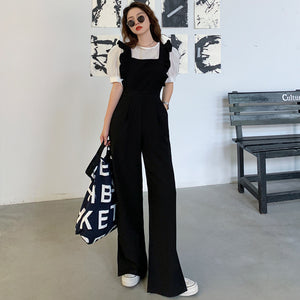 Vintage puff sleeve o-neck tops and black lettuce wide leg overalls suits