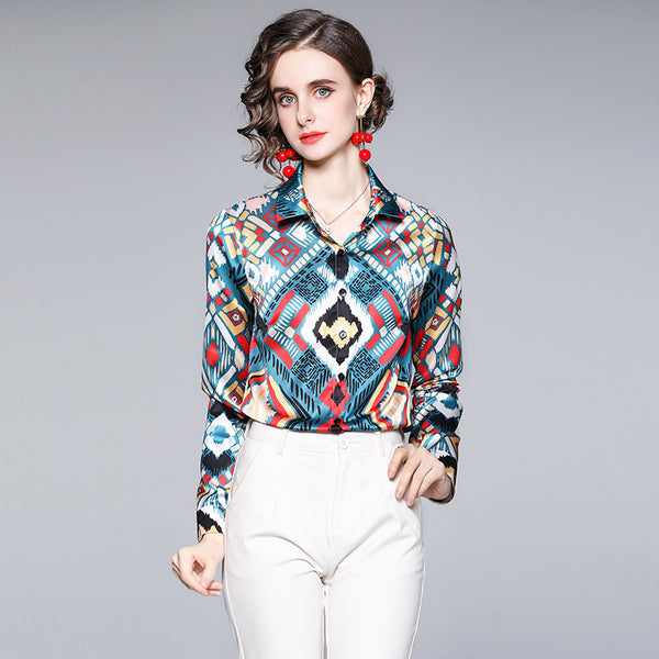 Turn-down collar stain print blouses