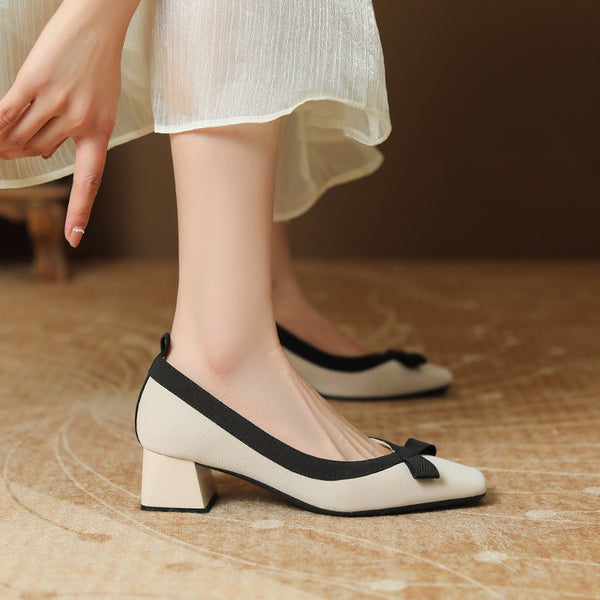 Stylish bowknot low-fronted chunky heel shoes