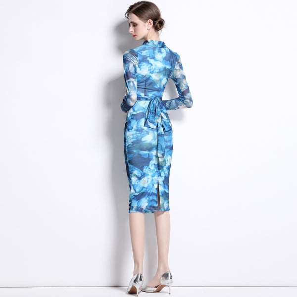 Lapel belted lapel long sleeve printed dresses