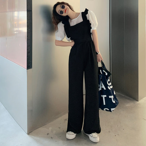 Vintage puff sleeve o-neck tops and black lettuce wide leg overalls suits