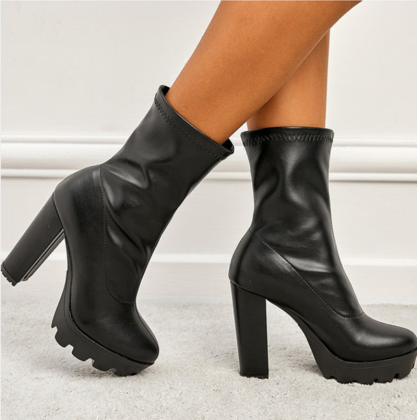Women solid chunky heels thick sole boots