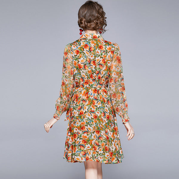 Flower print v-neck ruffle chiffon dresses