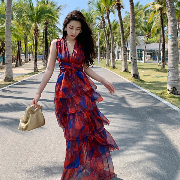 Boho floral print belted layered beach maxi dresses