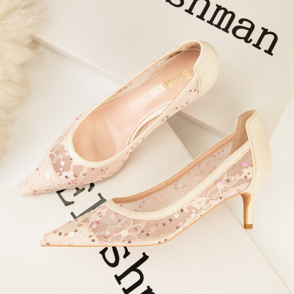 Sequin lace patch heeled pointed toe shoes