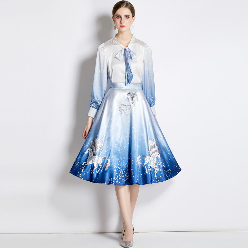 Elegant gradient satin blouses and high waist a-line skirts suits