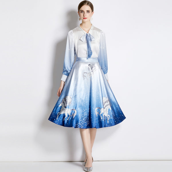 Elegant gradient satin blouses and high waist a-line skirts suits