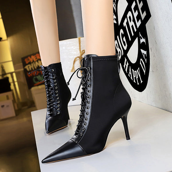 Women's pointed toe lace up heels boots