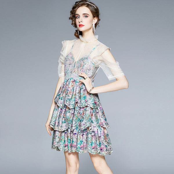 Floral openwork sweet lace cupcake a-line dresses
