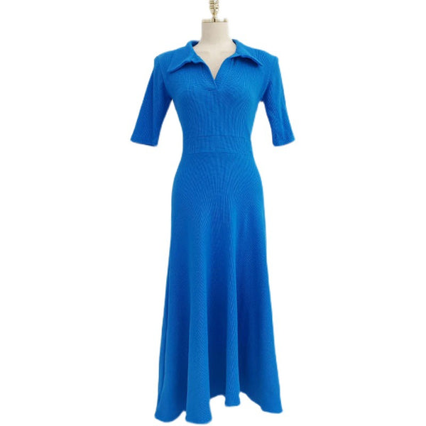 Casual pure color lapel a-line big hem knit dresses