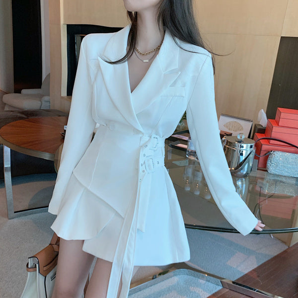Stylish solid long sleeve belted blazer dresses
