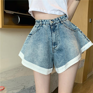 Ruffle patchwork flare jean shorts
