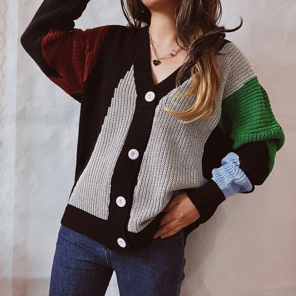 Casual color block single breasted long sleeve cardigans