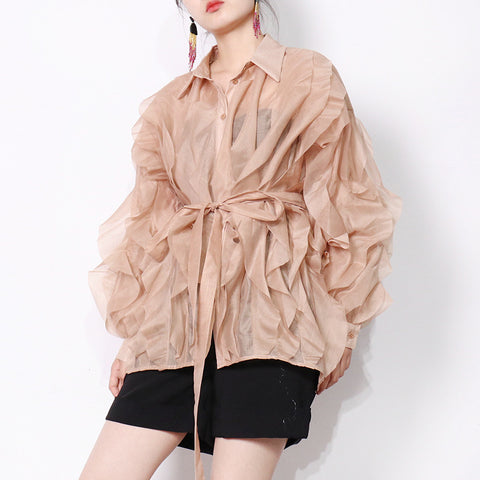 Chic ruffled long sleeve lapel belted blouses
